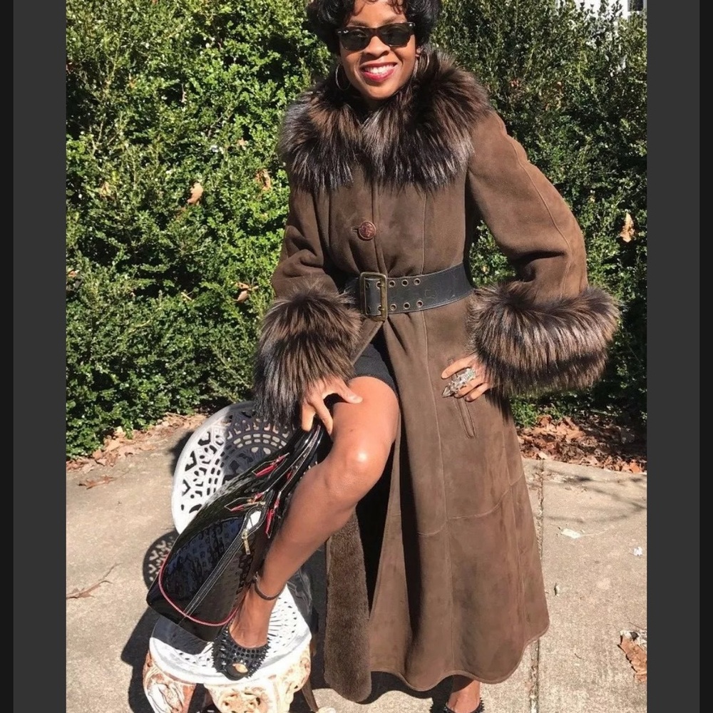 Mint Designer Full length Sable brown Shearling & Yellow tip Fox Fur Coat S 0-4 - Picture 9 of 16